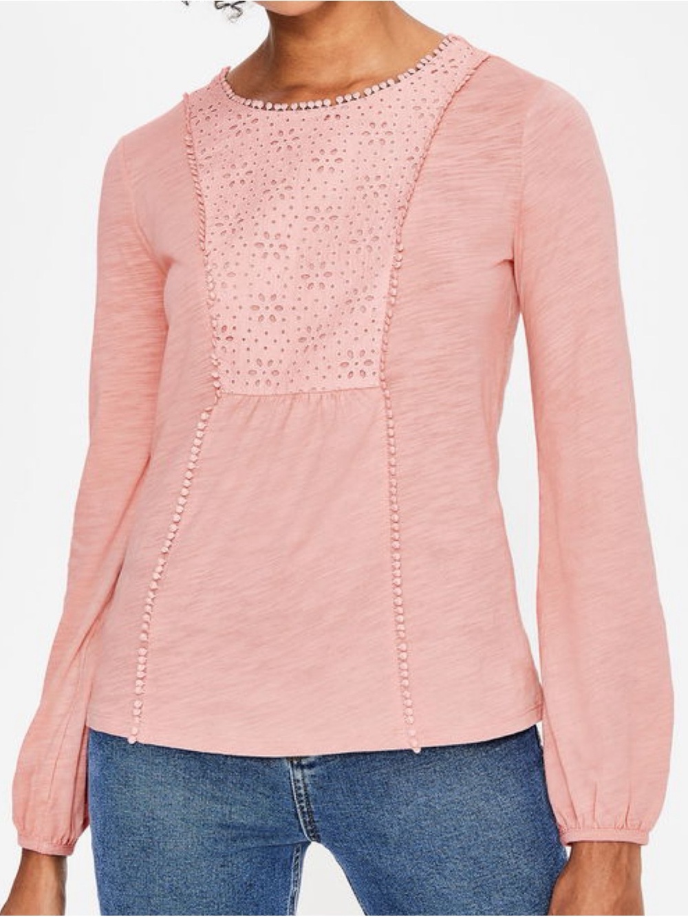 Boden Cleo Broderie Pink Eyelet-Jersey Long Sleeve Blouse Top Size 12
